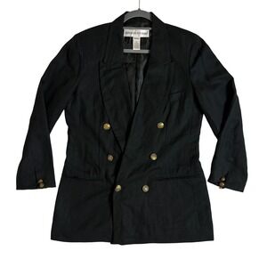 Adolfo Studio Black Linen Blend Blazer Gold Crest Buttons Equestrian Vtg Size 10